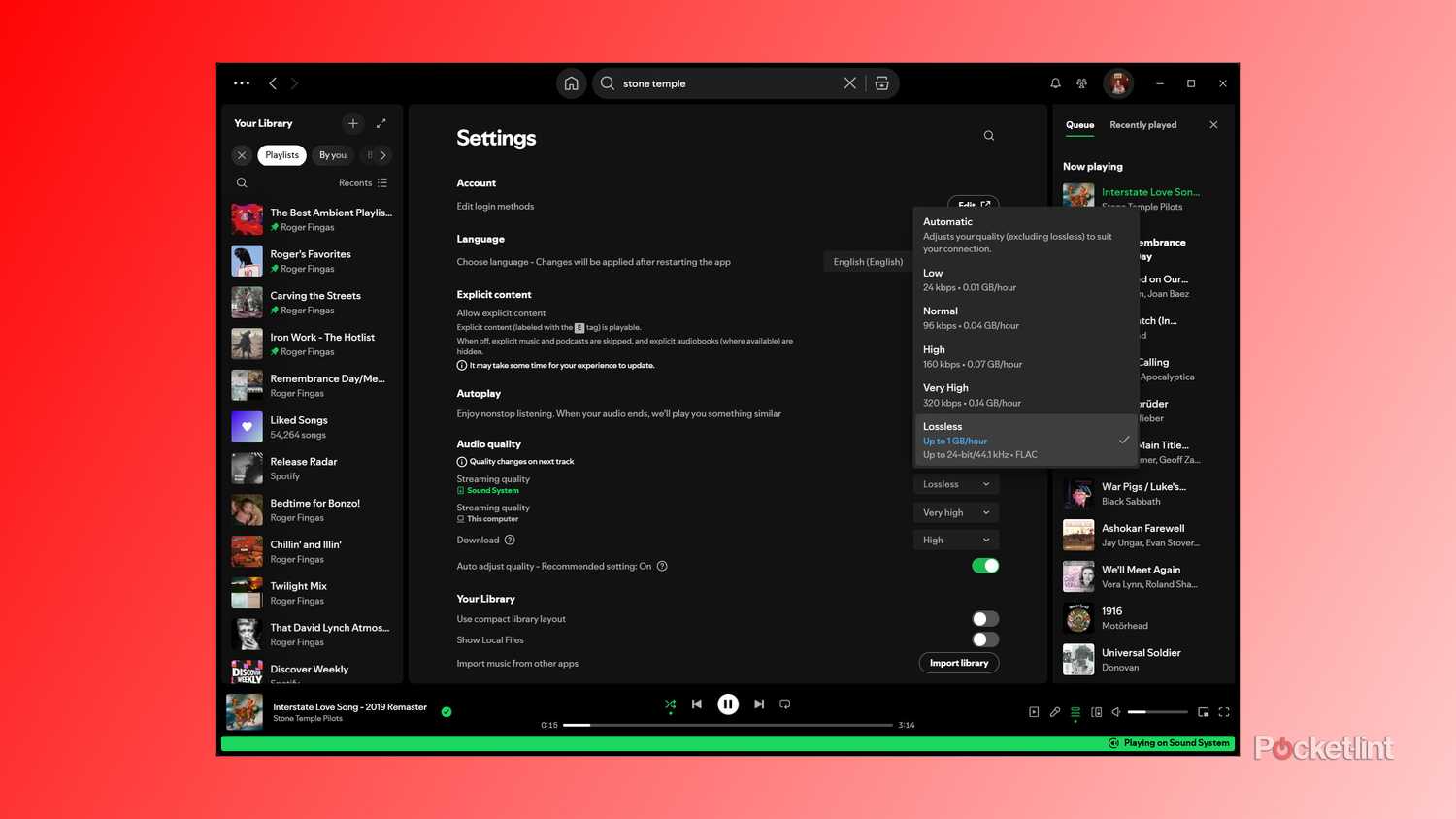 Selecting Lossless audio quality in Spotify for Windows.