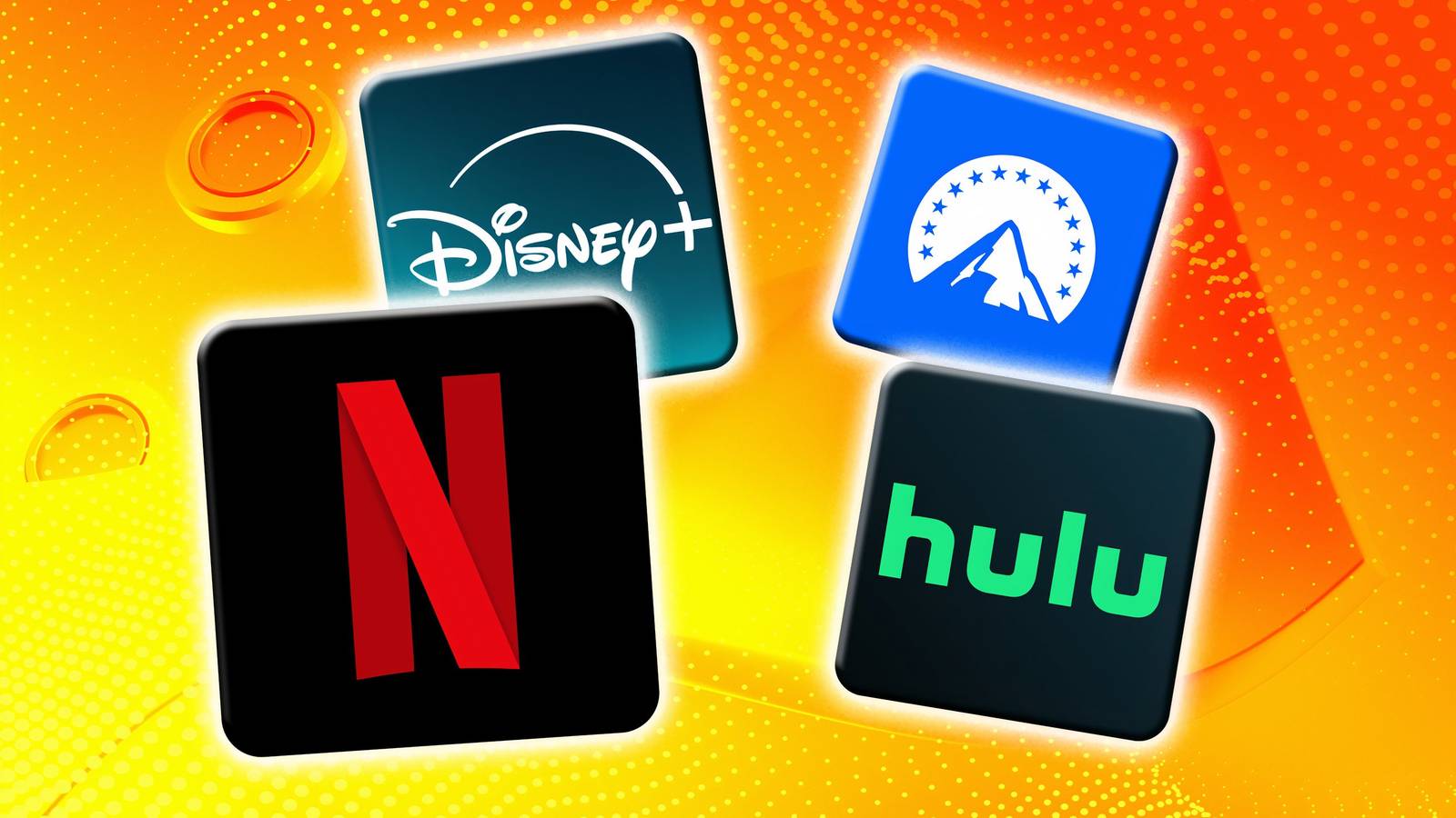 Icons on a yellow background of Netflix, Hulu, Disney+, and Paramount+