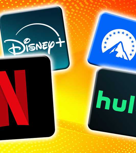 Icons on a yellow background of Netflix, Hulu, Disney+, and Paramount+