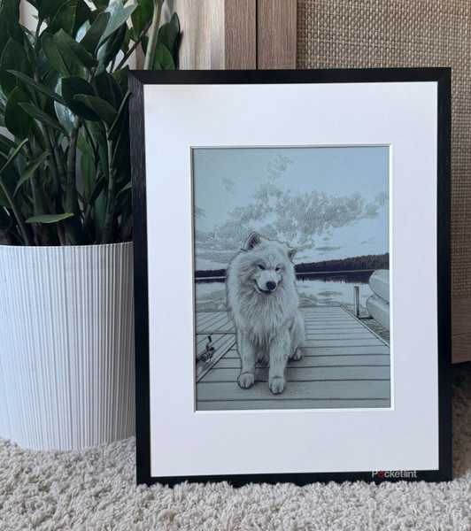 AI pencil-drawn dog on frame. 