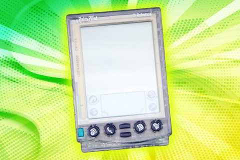 Palm Pilot against a green and yellow background. 