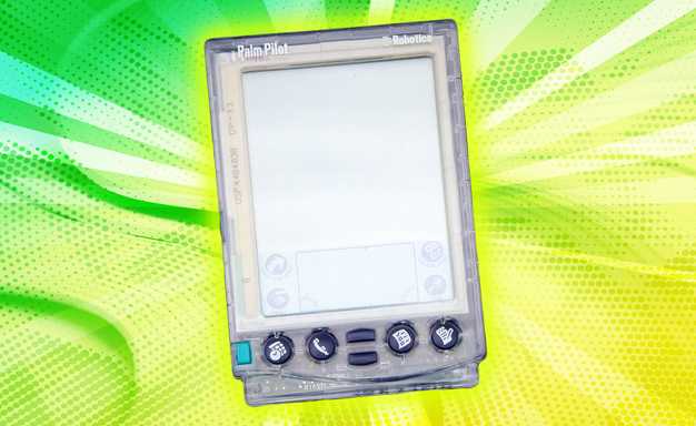 Palm Pilot against a green and yellow background. 