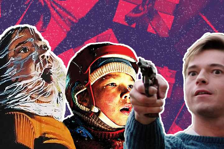 Three people in horror movies in front of gifts. 