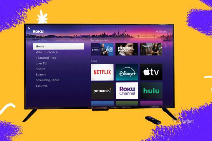 Roku TV on purple and yellow background.