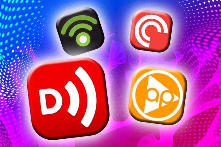 Four app icons glowing against a bright pink and blue background.