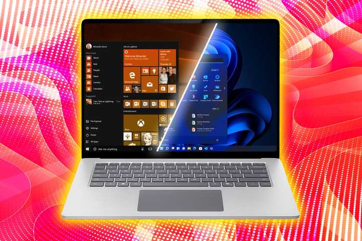 A laptop split between Windows 10 and 11.